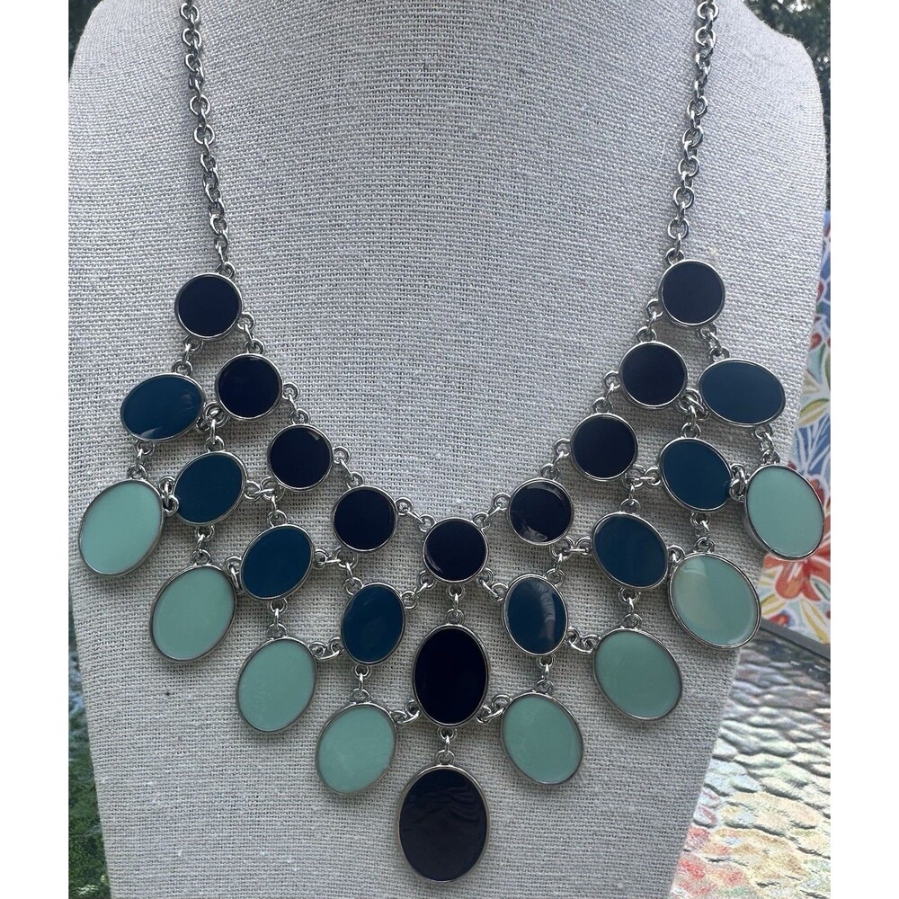Bancroft NWT Silver Tone Blue Mint Green Bib Statement Necklace 18” + 3”